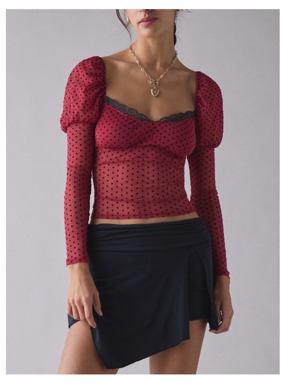 🟤NWT KIMCHI BLUE “In The Dark” Sheer Mesh Long Sleeve Top in Polka Dot Red/Black